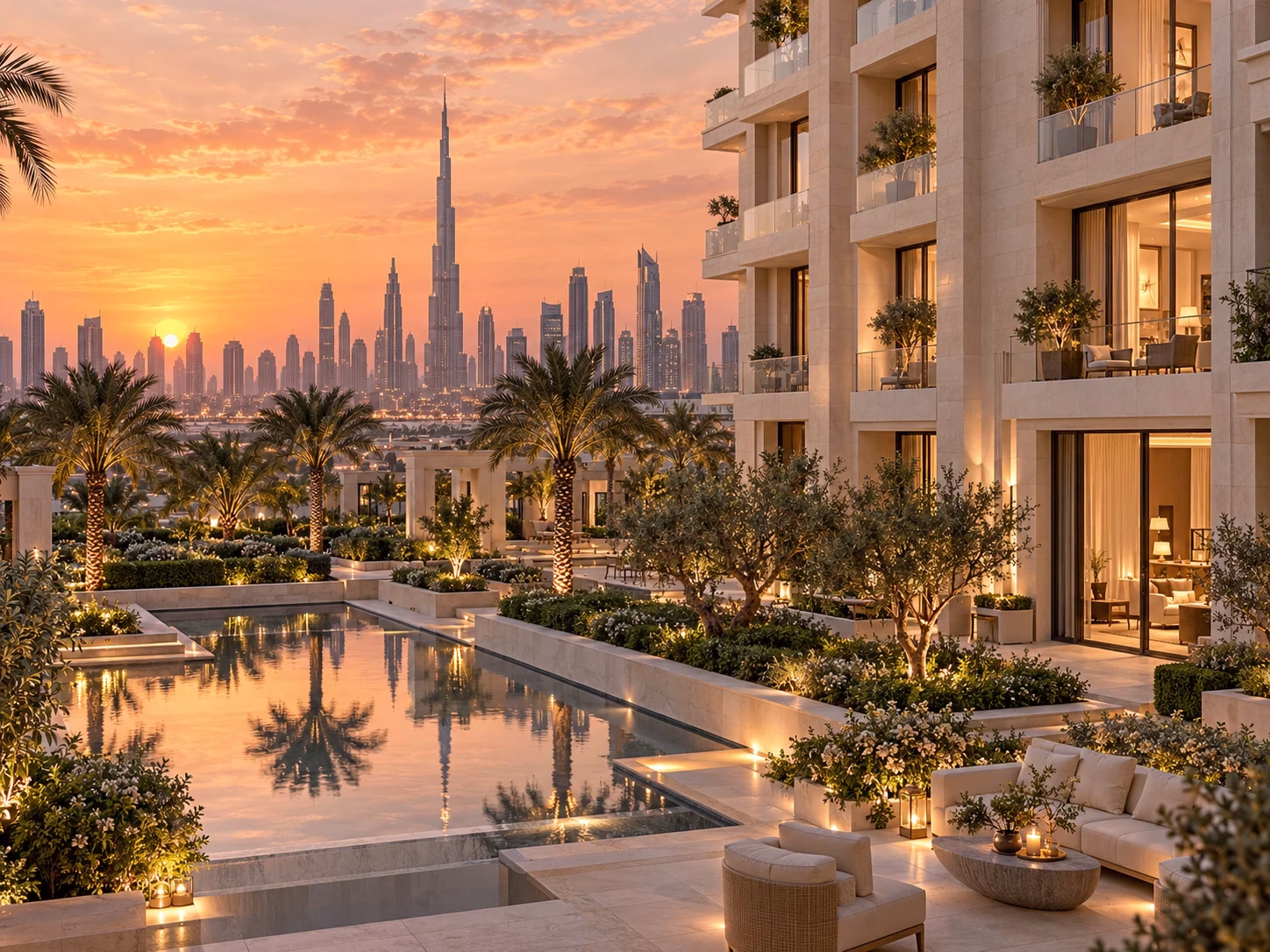 Illustrative Dubai residential property development with landscaped gardens and reflecting pool