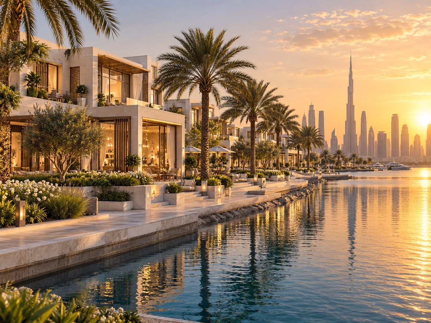Illustrative Dubai waterfront development with contemporary architecture and palm-lined promenade